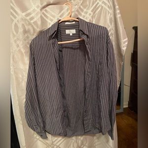 Women’s long sleeve button down front, gray and white vertical striped shirt